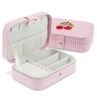Pink gingham travel jewellery box with multiple compartments and slots.