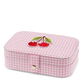 Pink gingham jewellery box with cherry design on the lid.