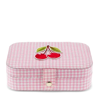 Pink gingham jewellery box with cherry design on the lid