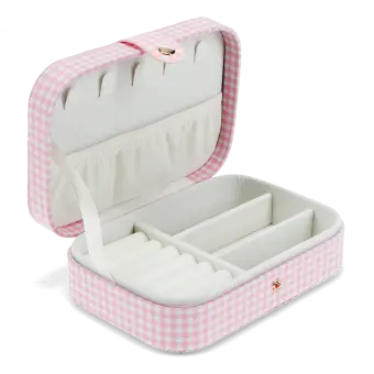 Pink gingham travel jewellery box with multiple compartments and slots.