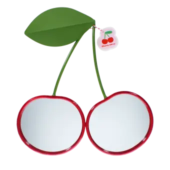 Wall mirror shaped like two cherries with red frames and green leaf detail