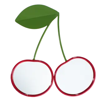 Wall mirror shaped like two cherries with red frames and green leaf detail