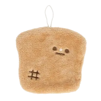 Brown kitchen cloth shaped like a slice of bread with embroidered face and hanging loop