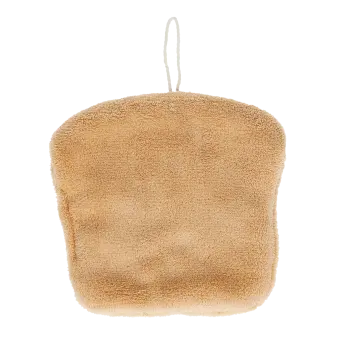 Back of a brown kitchen cloth shaped like a slice of bread with hanging loop