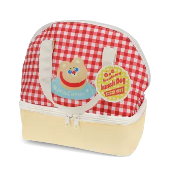 Red and white checkered lunch bag featuring a cute bear illustration with tag