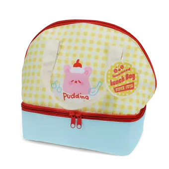 Yellow and white checkered lunch bag featuring a cute kawaii illustration with tag