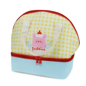 Yellow and white checkered lunch bag featuring a cute kawaii illustration 
