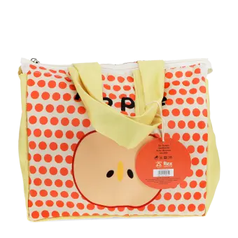 Yellow handbag with red polka dots and a cartoon apple design with two red feet at the bottom with tag
