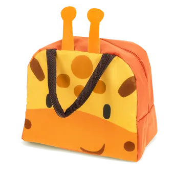 Orange lunch bag with dark brown handles and a cute giraffe face design on the front and two giraffe horns at the top