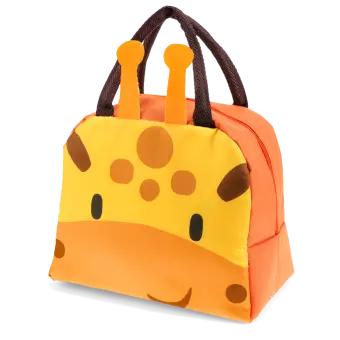 Orange lunch bag with dark brown handles and a cute giraffe face design on the front and two giraffe horns at the top