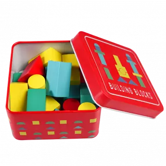 Wooden Building Blocks In A Tin