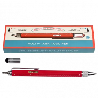 Red multi task tool pen with spirit level, removed touchscreen stylus and cross head screwdriver shown and box
