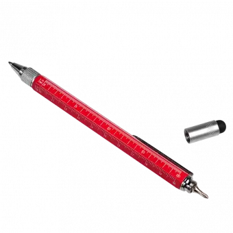 Red multi task tool pen with removed touchscreen stylus, cross head screwdriver and rulers in inches and centimetres shown