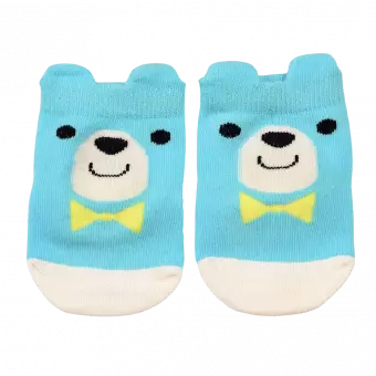 Pair of blue and white baby socks front side featuring bear face with yellow bow tie