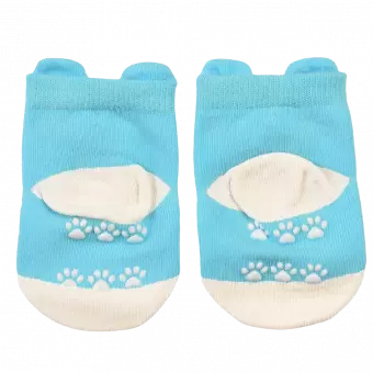 Pair of blue and white baby socks heel side featuring paw prints