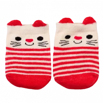 Pair of red and white striped baby socks front side featuring cat face