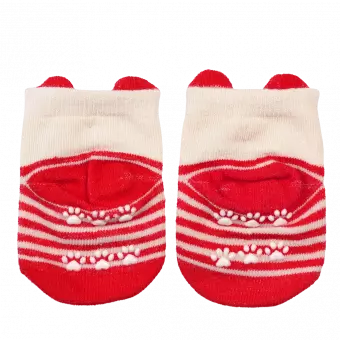 Pair of red and white striped baby socks heel side featuring paw prints