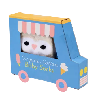 Grey Owl baby socks (one pair) box front side