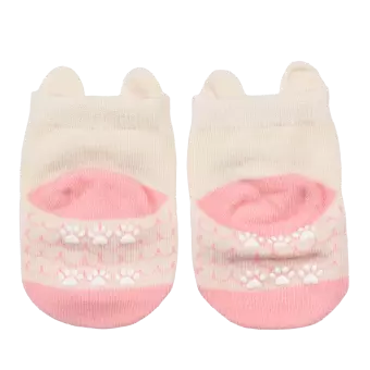 Pair of grey and pink baby socks heel side featuring paw prints