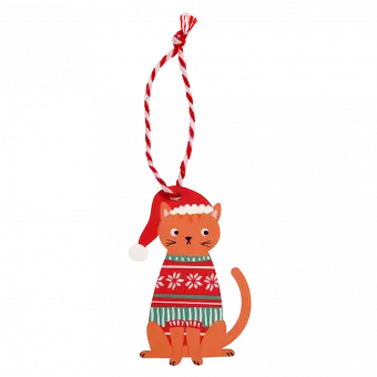 Wooden Christmas decoration ginger cat front side