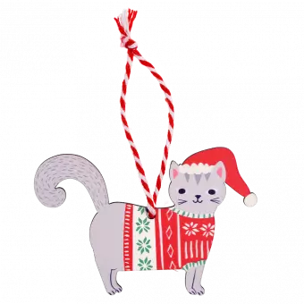 Wooden Christmas decoration grey cat front side