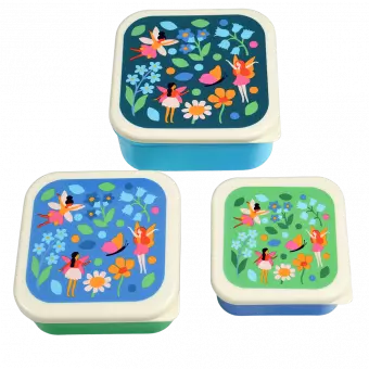 Three plastic snack boxes large medium and small featuring prints of fairies amongst flowers