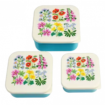 Three plastic snack boxes large medium small featuring wild flower pattern