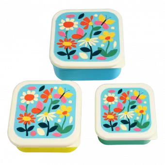 Three plastic snack boxes large medium small featuring prints of butterflies amongst flowers