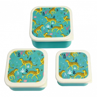 Three plastic snack boxes large medium small featuring prints of cheetahs
