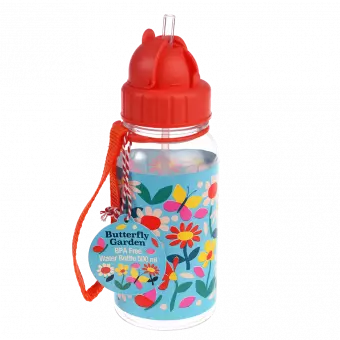 Medium size plastic water bottle for kids with red lid and carry loop handle featuring butterflies amongst flowers