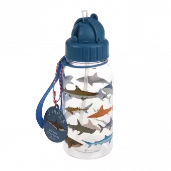 Medium size plastic water bottle for kids with dark blue lid and carry loop handle featuring pictures of sharks