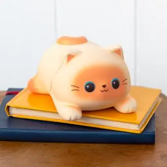 Squidgy stress cat lying on a book.