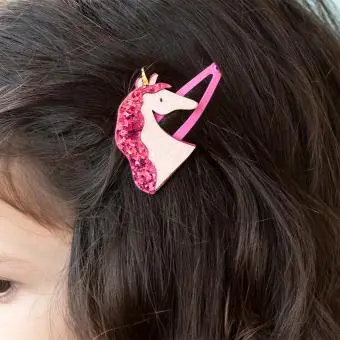 Pair of pink hair clips with glittery unicorn heads