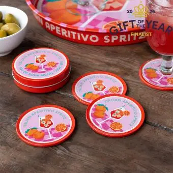 Four round coaster with Italian Aperitivo Spritz design in a storage tin - gift of the year - final list 
