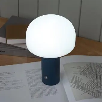 USB lamp with a white dome shade and blue base.
