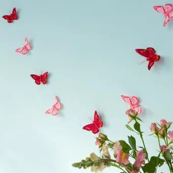 A string garland decorated with colourful feather butterflies hanging against a light background.