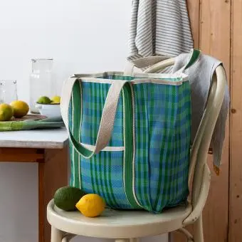 Recycled woven tote bag with canvas handles - Blue and green