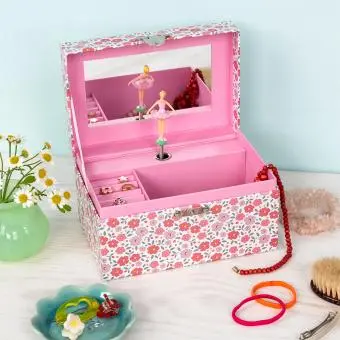 A pink jewellery box, decorated with our Tilde floral print.