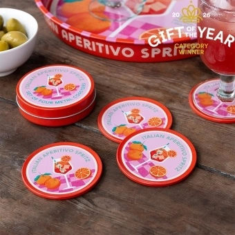 Four round coaster with Italian Aperitivo Spritz design in a storage tin - gift of the year - final list 
