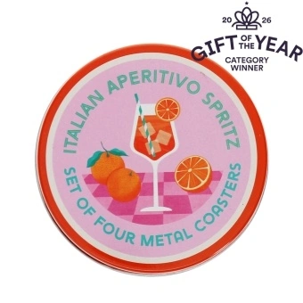 Four round coaster with Italian Aperitivo Spritz design in a storage tin - gift of the year - final list 