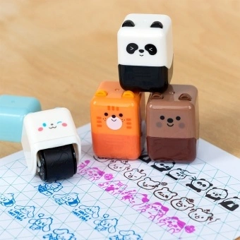 cube-shaped roller stamp with a cute animal face.