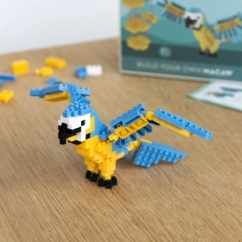 Completed macaw brick model displayed beside its packaging box.
