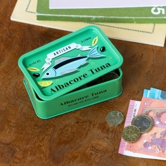 Green mini storage tin with a tuna illustration on the front.