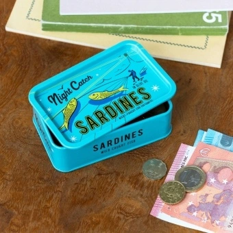 Turquoise mini storage tin with a sardine illustration on the front.