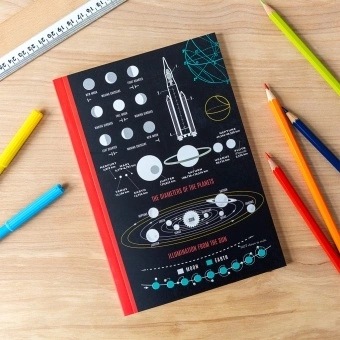 Notebook with space‑themed diagrams, including moon phases, planets, and a rocket on the cover.