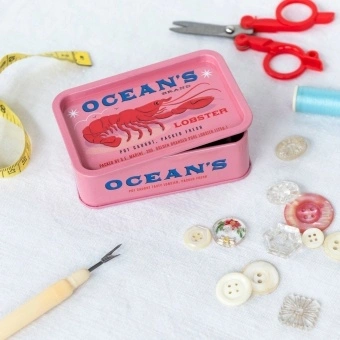 Pink mini storage tin with lid featuring lobster print