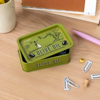 Mini storage tin with an olive oil illustration on the front.