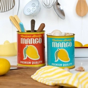 Two colourful storage tins in mango design