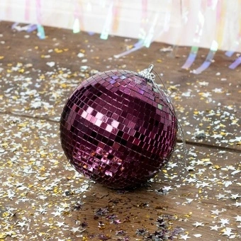 Plum hanging disco ball 10cm ornament with mirrored tiles.