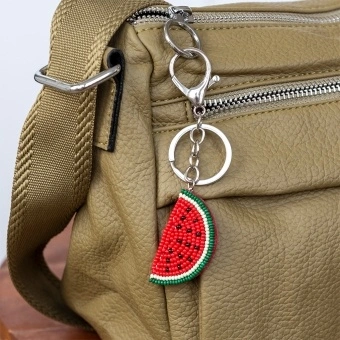 Watermelon slice keyring charm with silver ring and clip.
